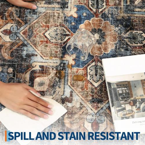GarveeHome 10x13 Washable Vintage Living Room Area Rug: Vintage Machine Washable Area Rug for Living Room Indoor Large Non-Slip Bedroom Carpet Low Pile Stain Resistant Dining Room Carpet Blue&Brown