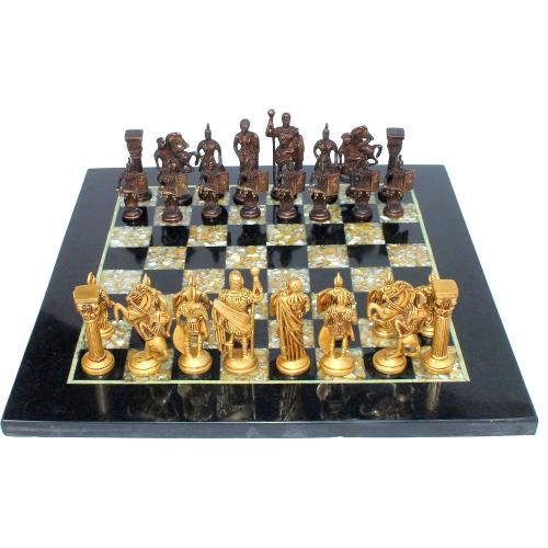 StonKraft Collectible Black Marble and (MOP) Mother of Pearl Chess Board Set   Brass Roman Chess Pieces - Decorative Stone Chess - Home Décor - 15 Inches