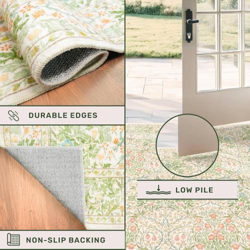 Light Green Bedroom Rug 5x7 Area Rug for Living Room, Vintage Washable Floral Floor Mat for Nursery, Dining Room Low Pile Non Slip Stain Resistance Distressed Retro Indoor (5x7 Beige Green)