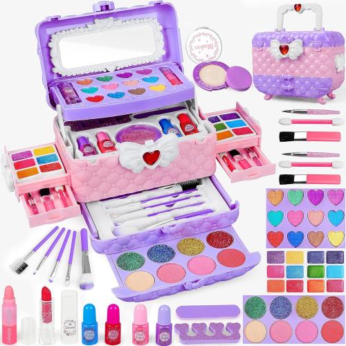 54 Pcs Kids Makeup Kit for Girls, Princess Real Washable Pretend Play Cosmetic Set Toys with Mirror, Birthday Gifts for 3 4 5 6 7 8 9 10 Years Old Girls Kids (Light Purple)