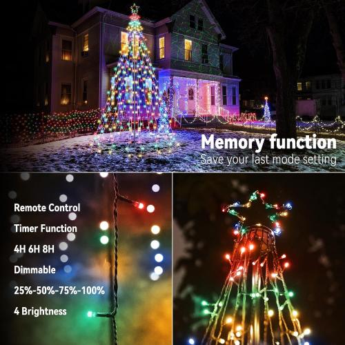Lomotech Christmas Tree Lights - 10Ft 404 LED with 7.08 Topper, Remote Controll Waterproof Iron Pole Waterfall Lights for Outdoor Christmas Decorations (Multicolor)