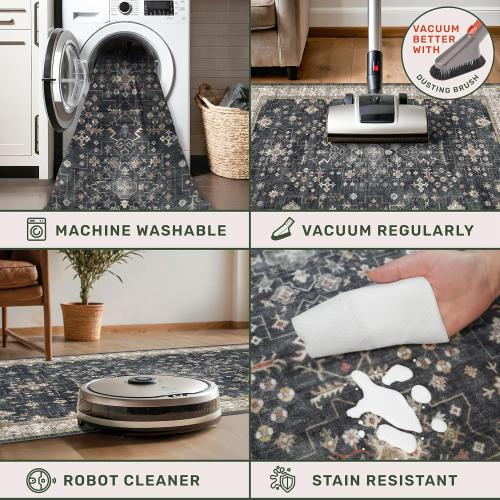 Size large Black Farmhouse Washable Area Rugs for Living Room, Bedroom, Dining Room Kitchen Table Rug for Under Table, Office, Dark Charcoal Tumble Stain Resistant Non-Slip Large Washable
