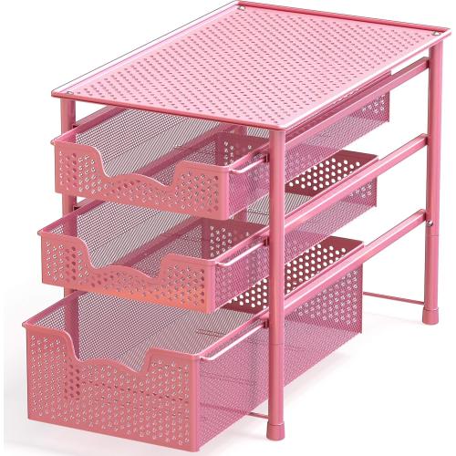 Simple Houseware Stackable 3 Tier Sliding Basket Organizer Drawer, Pink