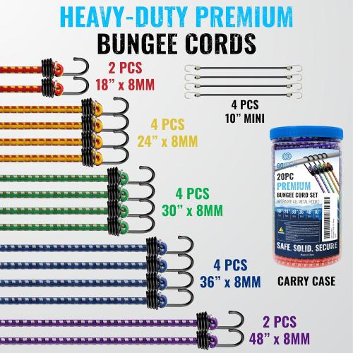 GOEASY0312 Premium Bungee Cords Heavy Duty - 20 pcs Bungee Cords with Hooks in A Storage Jar Includes 10, 18, 24, 30, 36, 48 Bungie Cord Bundle