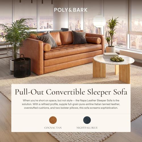 POLY & BARK Napa 82 Leather Pull‑Out Sleeper Sofa – Full‑Grain Italian Leather Upholstery,Tri‑Layer Mattress & Storage Console –Sophisticated Multi‑Functional Sofa Bed for Living Rooms & Guest Spaces