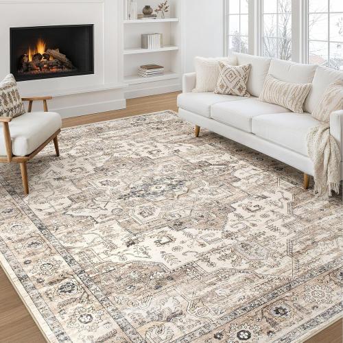 Area Rug 8x10 Washable Vintage - Soft Traditional Rugs for Living Room Large Non Slip Backing with Low Pile Farmhouse Oriental Retro Carpet for Bedroom Dining Room or Home Office - Tea Brown
