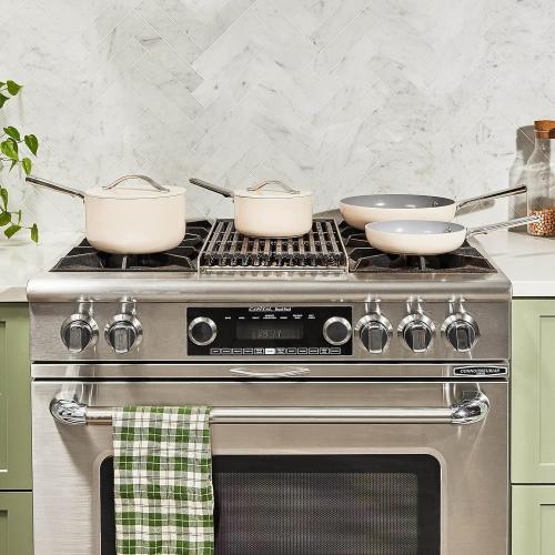 Caraway Non-Stick Ceramic Mini Cookware Set | Ceramic Fry Pan (1.05 qt, 8) Sauce Pan (1.75 qt) and Storage Rack, Non Toxic, PTFE & PFOA Free, Cream