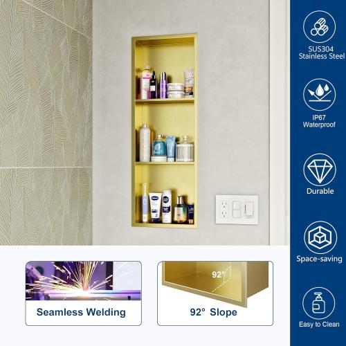 Neodrain Stainless Steel Shower Niche, NO Tile Needed Recessed Shelf for Bathroom Storage, 3-Tier Recessed Built-in Wall Niche（12X36Inch，Gold）