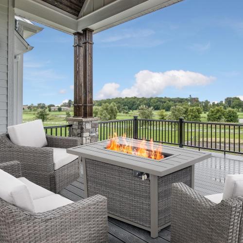 Size 42 Color Grey Fire Pit Table, HAPPATIO 42inch 50000 BTU Propane Fire Pit with Mental Fence Table Top, Lid, Black Glass Rock, CSA Safety Certified for Patio Balcony Backyard (Gray)