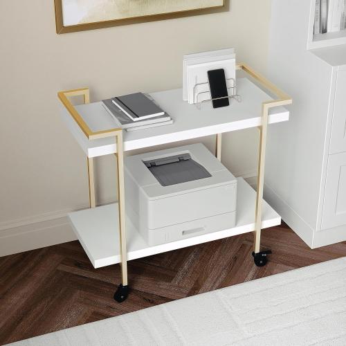 Martha Stewart Liam 2-Tier Mobile Office Storage and Printer Cart in White with Polished Brass Frame