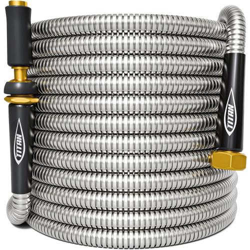 TITAN Garden Hose 25FT - 304 Stainless Steel Metal Water Hose, Flexible, Kink-Free, Lightweight, Durable, Crush Resistant Fittings, Easy to Coil, 500 PSI