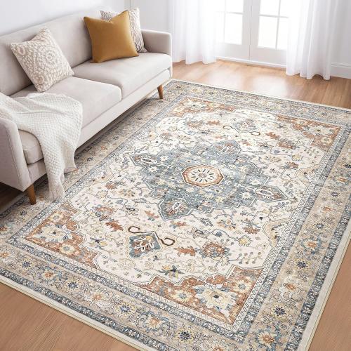 5x7 Area Rugs Living Room: Washable Boho Large Neutral Vintage Soft Rug Stain Resistant Farmhouse Non Slip Indoor Floor Carpet for Bedroom Nursery Kids Playroom Office Dining Room- Beige Blue
