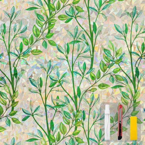 Window Privacy Film Stain Glass Window Film Rainbow Window Film Window clings Non-Adhesive Reusable Decorative for Room (Leaf Rainbow, 45.2 x 78.7 in)