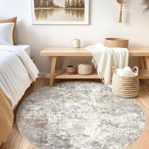 UERMEI 5ft Round Area Rug Living Room Rugs - 5x5 Washable Neutral Modern Abstract Soft Thin Rug Indoor Floor No Slip Rug Carpet for Bedroom Under Dining Table Home Office Decor - Brown Grey