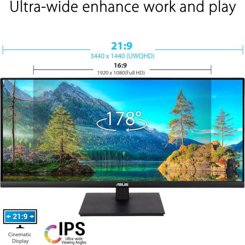 ASUS 34” Ultrawide HDR Gaming Monitor (VP349CGL) - 21:9 UWQHD (3440 x 1440), IPS, 100Hz, 1ms, USB-C w/Power Delivery, FreeSync, Eye Care Plus, VESA Mountable, HDMI, DisplayPort, Height Adjustable