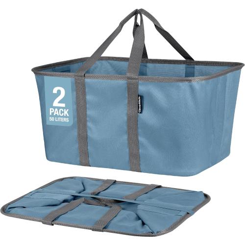 DARK BLUE CleverMade Collapsible Laundry Tote - Denim Charcoal 2-Pack 50L - Foldable Storage Organization Container for Clothes Laundry Room Storage Solution
