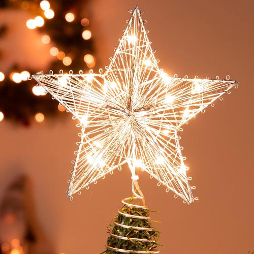 Joiedomi Christmas Star Tree Toppers Silver, 8 Metal Treetop Ornaments Battery Powered with Warm White LED Lights for Xmas Decorations Indoor, Holiday Party Decor