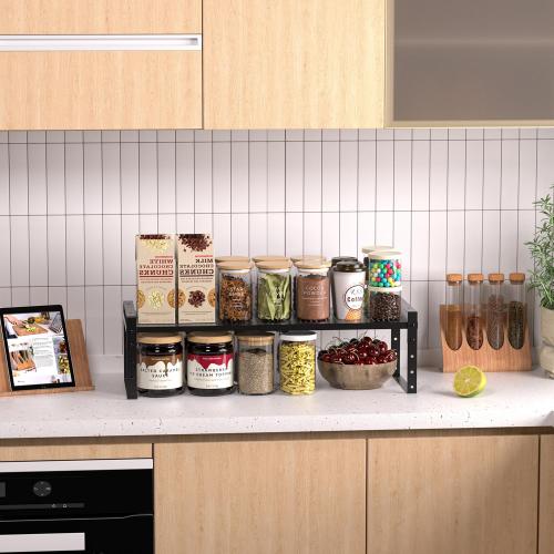 Expandable Stackable Aadjustable Shoe Rack Pantry Shelf for Kitchen Cabinets Counter Shelves Countertop Cupboard Storage Solution,Sturdy Heavy-Duty Metal Construction(3Packs/Black/Medium)