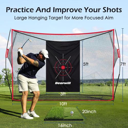 Bearwill Golf Net, 10x7ft Heavy Duty Golf Practice Nets with Mat, Target Cloth, 7 Tees, 6 Balls, Carry Bag for Backyard Driving Chipping Indoor Outdoor Training ‼️mild scratches ‼️