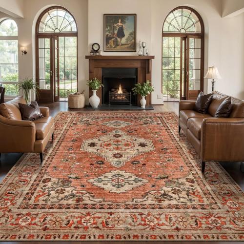 Tangsoo Boho Rug Washable Area Rugs for Living Room, Oriental Vintage Indoor Non Slip Large Area Rug, Print Terracotta Carpet, Soft Low Pile Rug Foldable Floor Rugs for Bedroom Dining Room Dorm