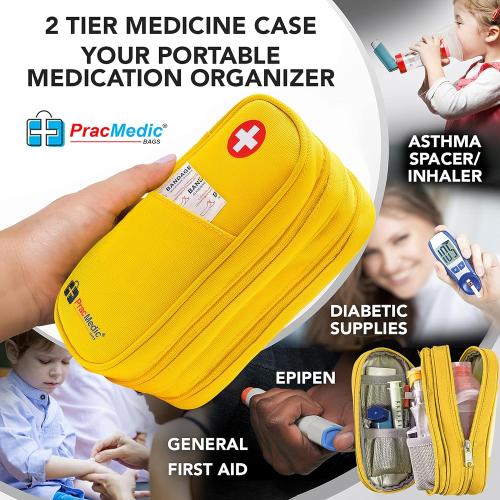 PracMedic Bags Diabetes Travel Case- 2 Tier Epipen Carrying Case for Epi Pens or Epipen Trainer, Auvi Q, Inhaler & Spacer, Diabetic Supplies & First Aid - Insulated Medicine Travel Bag (Yellow)