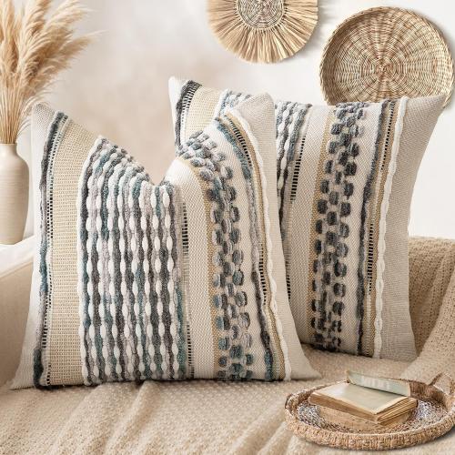 ANRODUO Pack of 2 Boho Decorative Throw Pillow Covers 18x18 Farmhouse Cushion Case Striped Chenille Pillow Cases Square Pillow Covers Accent Neutral Pillowcase for Sofa Couch Bed, Gray Blue Stripe