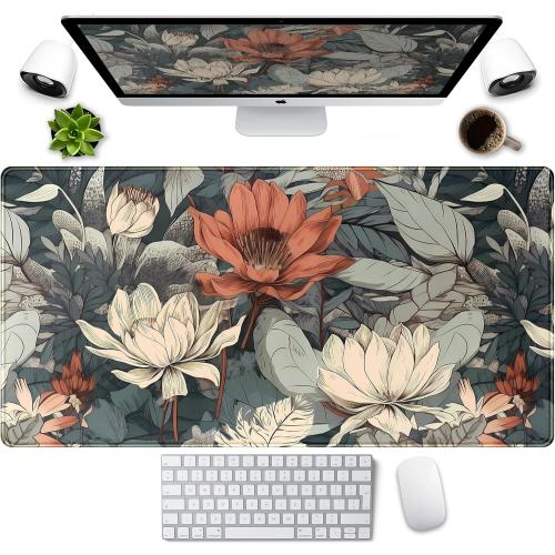 Vintage Floral Desk Mat XXL Large Gaming Mouse Pad Extended Desk Pad, Tropical Plants Laptop Keyboard Mouse Mat with Stitched Edges 31.5x15.75 in, Computer Mat Mousepad for desk Decor Office Gift
