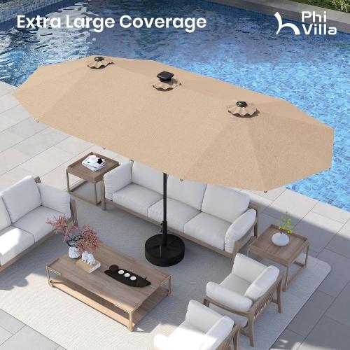 PHI VILLA 13ft Patio Umbrella with Solar-Powered 120 PCS LED Color-Changing Lights, Triple-Head Large Rectangle Umbrella Outdoor Patio for Table with Crank Lift,Beige(No Base)