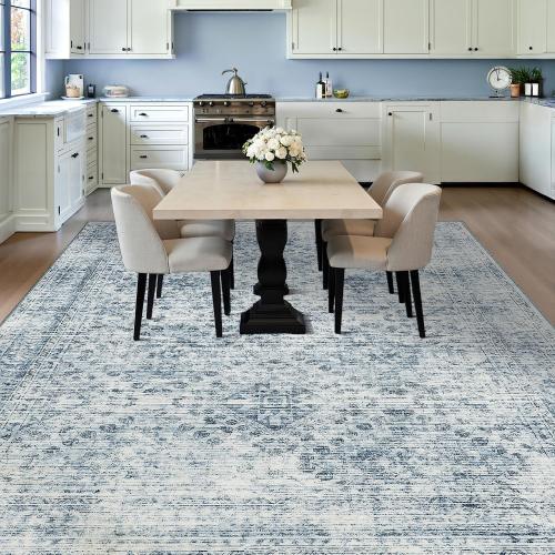 MIULEE 8x10 Vintage Washable Area Rugs Living Room Rug Low Pile Boho Farmhouse Floor Mat for Bedroom Dining Room Under Kitchen Table, Non-Slip Stain Resistant Soft Large Carpet for Home Decor, Blue