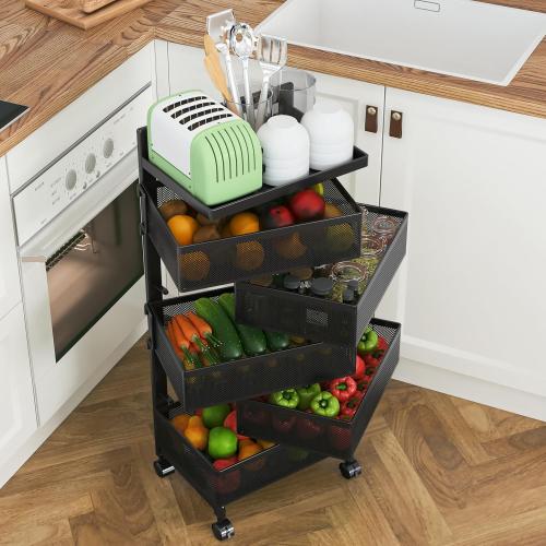 Rolling Rotating Storage Cart No Assembly Required，Bathroom Shelf Fruit and Vegetable Basket for Kitchen,Storage Drawer Organizer Cart ，Metal Utility cart on Wheels(Black, 5 Tier-Square)