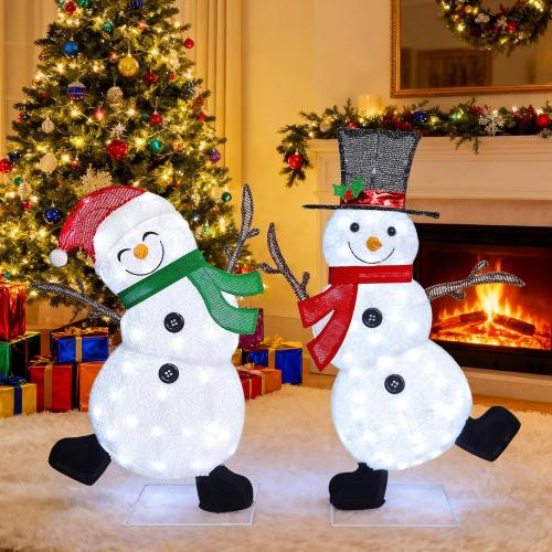 Lulu Home 2-Pack Lighted Christmas Snowman Decorations, 3.1 2.5FT Outdoor Snowmen with 70 LEDs White Lights, 2D Plug-in Snowman Holiday Yard Decor with Scarves for Lawn Garden Party