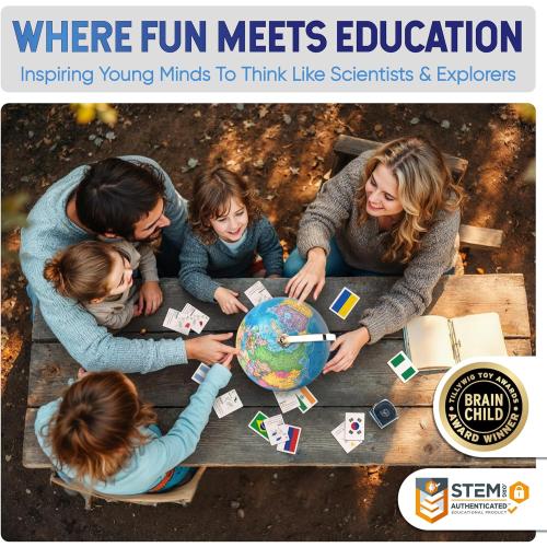 SMART WALLABY 9 Illuminated Educational Kids World Globe   STEM Flags & Countries Interactive Card Game. 3 in 1 Children Desktop Spinning Earth Political & Constellation Maps, LED Night Light Lamp