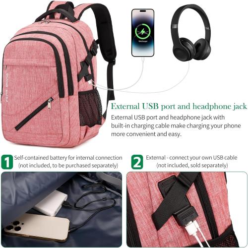 Large Laptop Backpack 17.3 inch Durable Waterproof Travel College Backpack Bookbag for Men & Women Business Backpack with USB Charging Port and Headset Port Light Pink