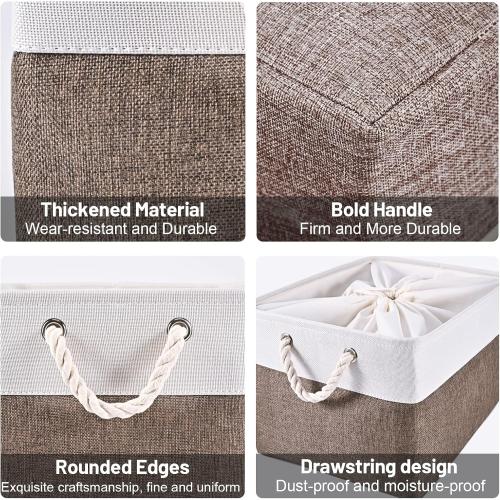 HOdo Home 15.8×11.8×9.5In/3PCS Fabric Storage Bin with Drawstring Closure and 2 Bold Handles, Collapsible Large Canvas Storage Baskets for Organizing Shelf Nursery Home Closet (Brown)