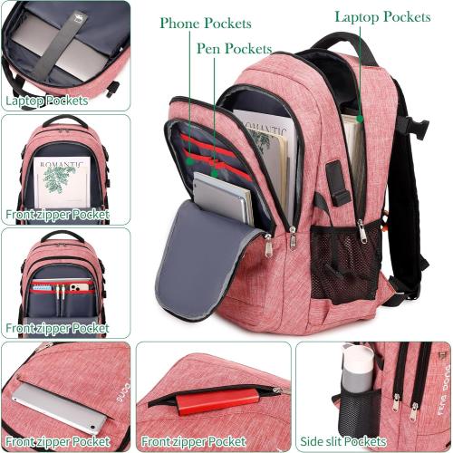 Large Laptop Backpack 17.3 inch Durable Waterproof Travel College Backpack Bookbag for Men & Women Business Backpack with USB Charging Port and Headset Port Light Pink