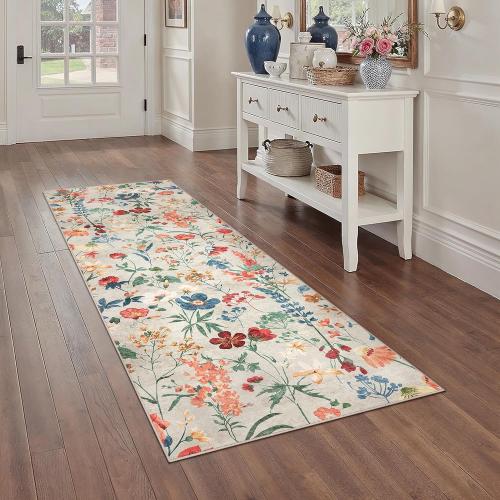 Floral Runner Rug Washable Hallway Long Beige Bedroom Carpet Non Slip Indoor Boho Kitchen Low Pile Accent Rug Lightweight Soft for Bathroom Dining Laundry Living Room