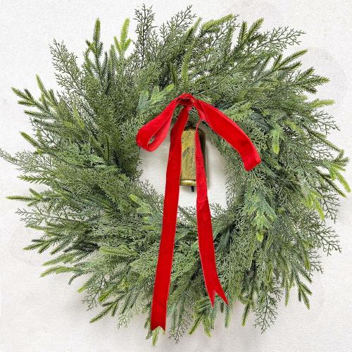 24 Large Christmas Wreaths for Front Door Thick Outdoor Christmas Wreath with Norfolk Pine Cypress Branches Gold Cow Bell Red Bow Soft Artificial Xmas Wreath for Home Door Window Wall Porch Indoor
