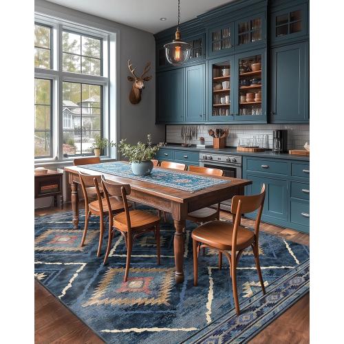 Area Rug 5x7 Rug Machine Washable Non-Slip Low Pile Print Pattern Western Rug for Living Room Bedroom Entryway Tribal Series -Darkblue