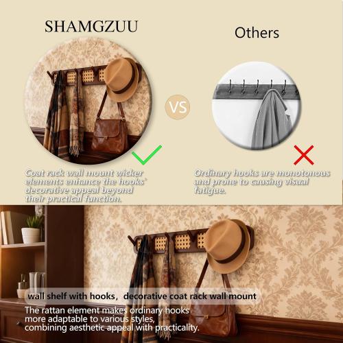 Coat Rack Wall Mount, Rattan Coat Hooks Hanger Wall Mounted, 6 Heavy Duty Bamboo Hooks Rack Rail for Hanging Clothes Hats Bags Robes Towels Plants, White (Natural)