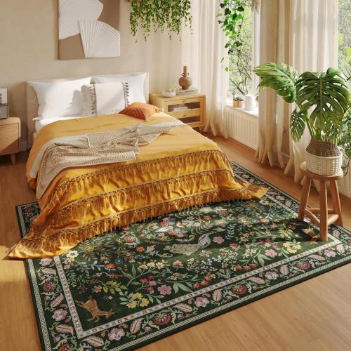 Living Room Rug 5x7 Rug Machine Washable Area Rug Floral Non-Slip Low Pile Large Rugs for Living Room, Bedroom, Farmhouse, Dining Room, Kids Playroom (Emerald Green)