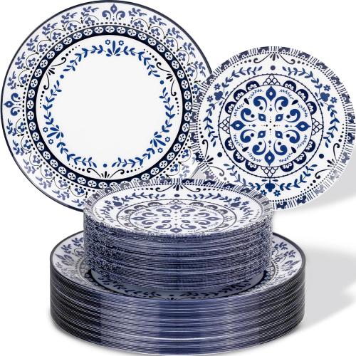 Hioasis 60pcs Blue Plastic Plates Set - Floral Blue & White Porcelain Design, 10.25 Dinner & 7.5 Dessert Plates Disposable for Wedding (Dishwasher Safe, Traditional Style)