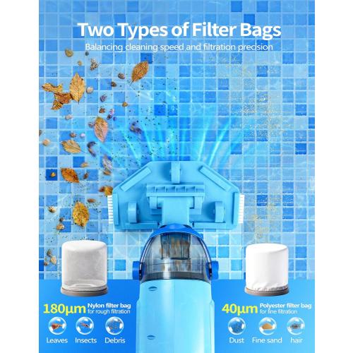 KimPump Cordless Pool Vacuum Cleaner with 4 Filter Bags, Suitable for Ultra-fine Impurity Filtration, 20.5 GPM Handheld Pool Vacuum for Above Ground & Inground Pools, Spa Vacuum for Hot Tub-Lightblue