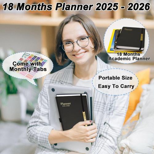 Day Planner 2025-2026, Hardcover Weekly & Monthly Planner from Jul 2025-Dec 2026, 18 Month Calendar 2025 with Tabs & Pocket, A5 Size, Black