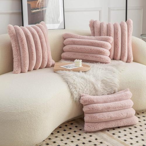 Neelvin Pink Faux Fur Cozy Soft Striped Decorative Throw Pillow Covers 18x18 inch Set of 2,Velvet Pillowcase Cushion Case for Sofa Couch