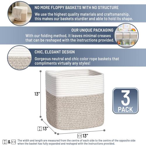 NaturalCozy 13 Inch Cube Storage Bins Cotton Rope Woven Baskets for Organizing 3-Pack | 13 x 13 Storage Cubes | Fabric Square Storage Baskets for Shelves Organizer, Kids Toy Bins, Closet Baby Nursery