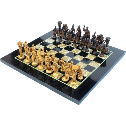 StonKraft Collectible Black Marble and (MOP) Mother of Pearl Chess Board Set   Brass Roman Chess Pieces - Decorative Stone Chess - Home Décor - 15 Inches