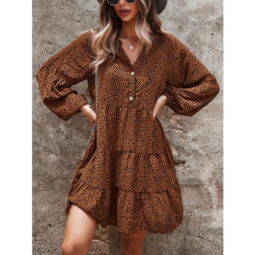 Size M... Womens Long Sleeve Dress: Leopard Printed Tunic Casual Loose V Neck Fall Flowy Mini Dresses
