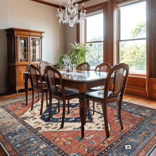 Size 6x9 Boho Floral Area Rug 6x9 - Rustic Oriental Southwestern Style with Aztec Inspired Patterns, Soft Machine Washable Non-Slip Rug, Vintage Rust Colored Rug for Living Room, Bedroom, Dining Room.
