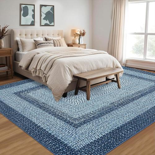 Washable Rug  Boho Accent Carpet Modern Geometric Floor Carpet Indoor Throw Floor Cover Braided Print Rug Low Pile Non Slip Farmhouse Rustic Bohemian Carpet for Living Room Bedroom, Blue
