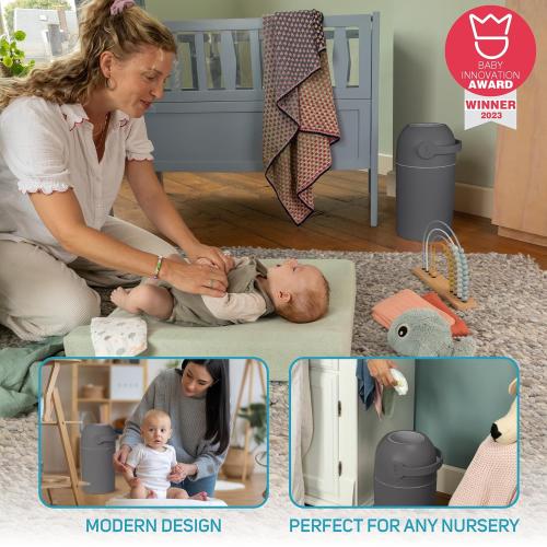Color Grey L.A. Baby Magic Diaper Pail - Patented 100% Odor-Free System with Child-Safe Lock - Award-Winning Design - No Refills Required - Works with Regular Trash Bags - Gray